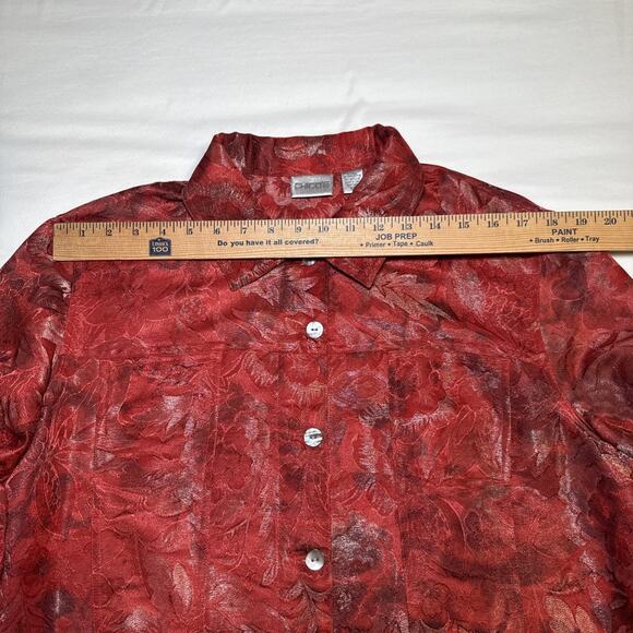 Chicos 3 Womens XL Jacket Silk Blend Blazer Red Metallic Floral Button Front EUC - Picture 3 of 14